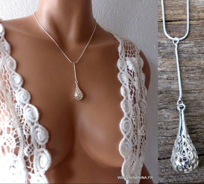 N4013 Collier lasso Y goutte plaqué argent filigrané chaine maille serpent - Bijoux Colliers en ligne Ninanina