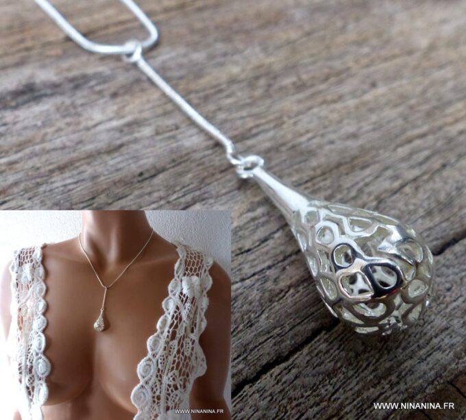 N4013a Collier lasso Y goutte plaqué argent filigrané chaine maille serpent - Bijoux Colliers en ligne Ninanina
