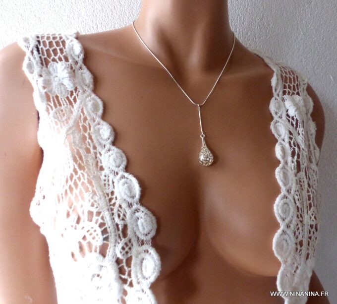 N4013f Collier lasso Y goutte plaqué argent filigrané chaine maille serpent - Bijoux Colliers en ligne Ninanina