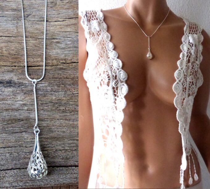 N4013g Collier lasso Y goutte plaqué argent filigrané chaine maille serpent - Bijoux Colliers en ligne Ninanina