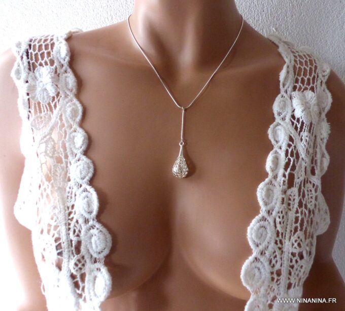N4013h Collier lasso Y goutte plaqué argent filigrané chaine maille serpent - Bijoux Colliers en ligne Ninanina