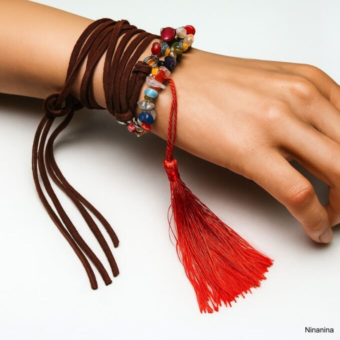 N4030 Bracelet boheme chic multi tours artisanal pour femme perles colorées et pompon rouge - Bijoux Bracelets en ligne Ninanina