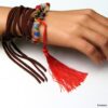 N4030c Bracelet boheme chic multi tours artisanal pour femme perles colorées et pompon rouge - Bijoux Bracelets en ligne Ninanina