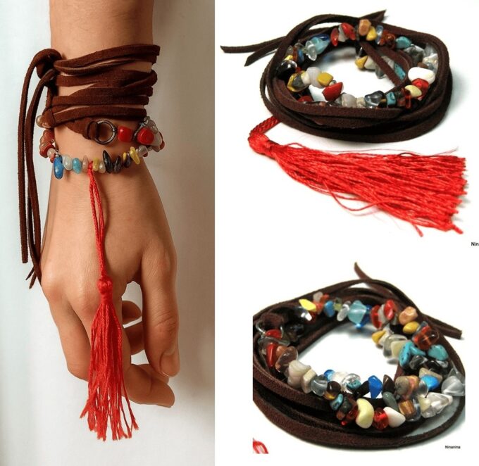 N4030f Bracelet boheme chic multi tours artisanal pour femme perles colorées et pompon rouge - Bijoux Bracelets en ligne Ninanina