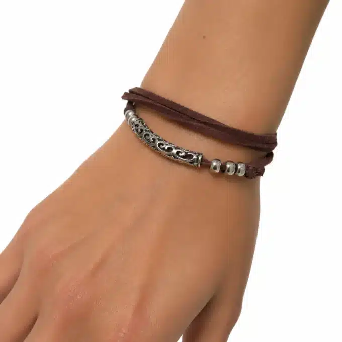 N4032b Bracelet enroulé femme perles argentées cordon daim réglable - Bijoux bracelets femmes en ligne Ninanina