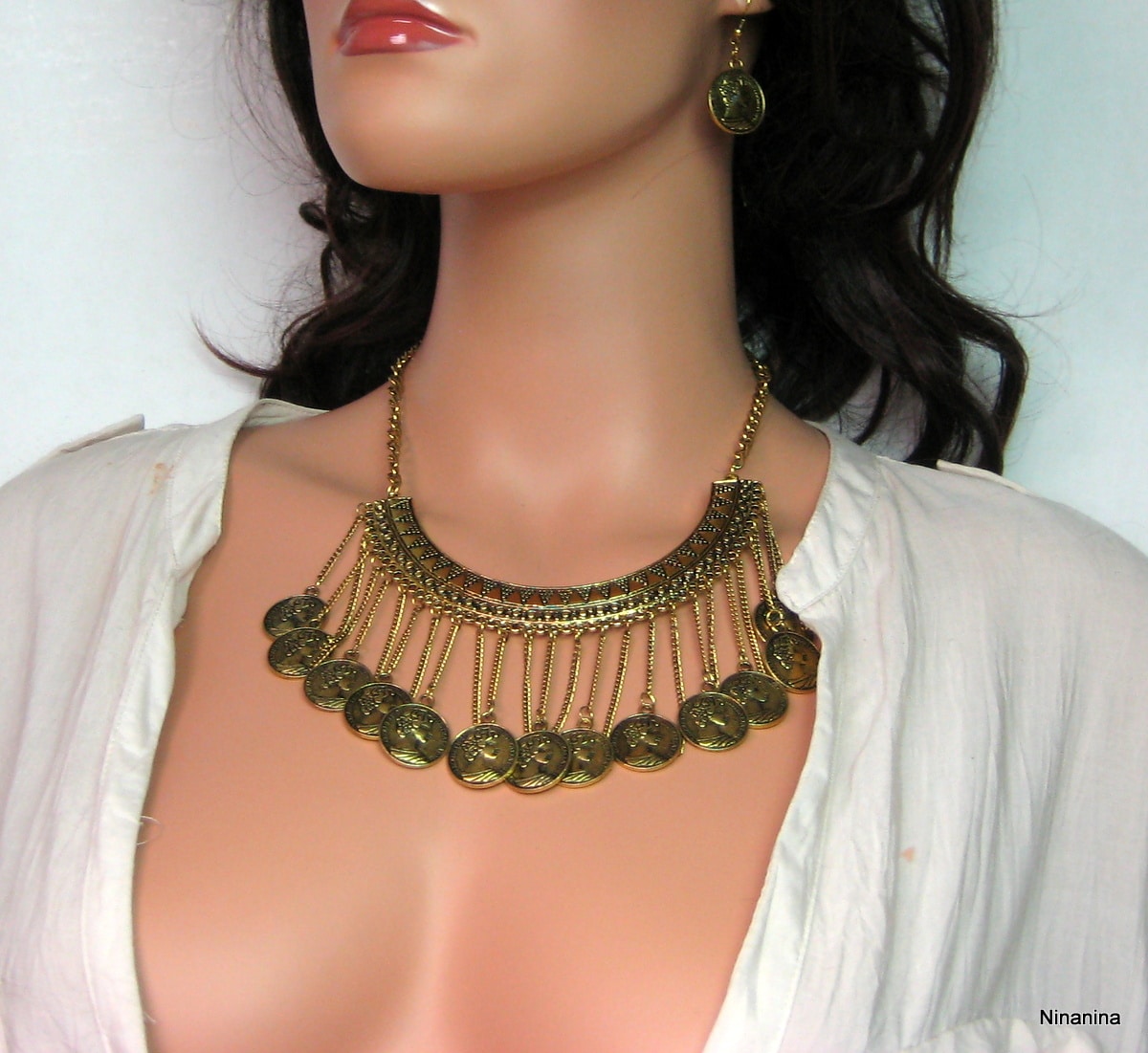 Lot De Colliers Fantaisie Plastron Avec Boucles Assorties - Vert Dégradé Perles De Verre - Neuf