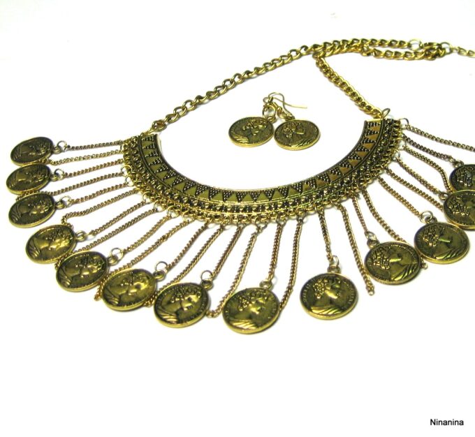 N4041a collier tribal pièces métal doré or