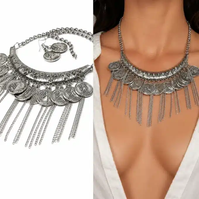 N4042b Collier Plastron ethnique pièces argenté et boucles d'oreilles assorties - Bijoux colliers femmes en ligne Ninanina