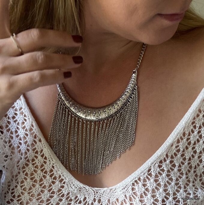 N4047e Collier Plastron Argent Ras De Cou Chainettes - Bijoux Colliers Plastrons ethniques en ligne Ninanina