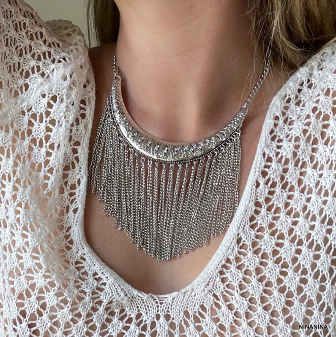 N4047g Collier Plastron Argent Ras De Cou Chainettes - Bijoux Colliers Plastrons ethniques en ligne Ninanina