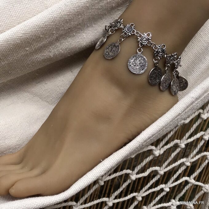 N4053a Chaine cheville Inde tribal métal argenté pour femme - Bijoux de pieds en ligne Ninanina