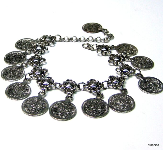 N4053b Chaine cheville Inde tribal métal argenté pour femme - Bijoux de pieds en ligne Ninanina