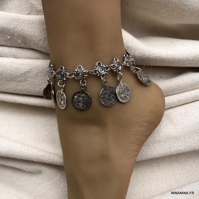 N4053c Chaine cheville Inde tribal métal argenté pour femme - Bijoux de pieds en ligne Ninanina