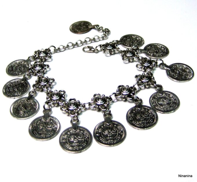 N4053d Chaine cheville Inde tribal métal argenté pour femme - Bijoux de pieds en ligne Ninanina