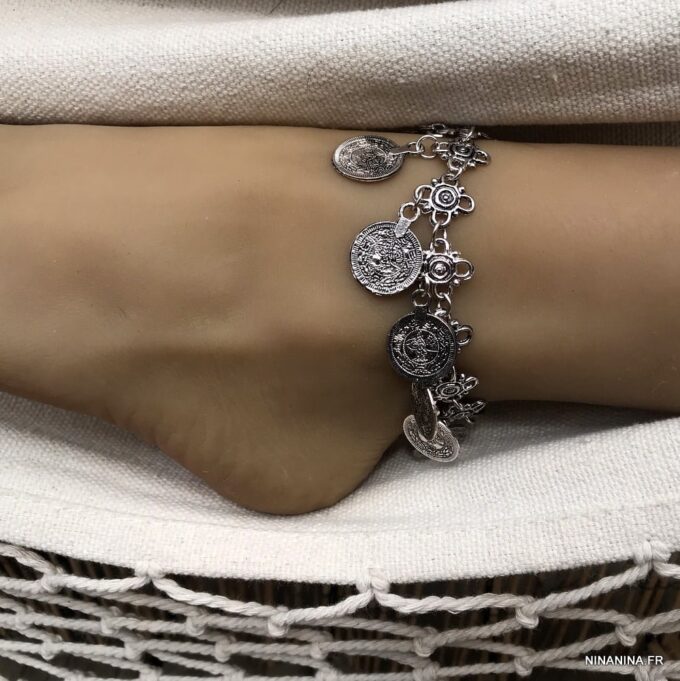 N4053e Chaine cheville Inde tribal métal argenté pour femme - Bijoux de pieds en ligne Ninanina