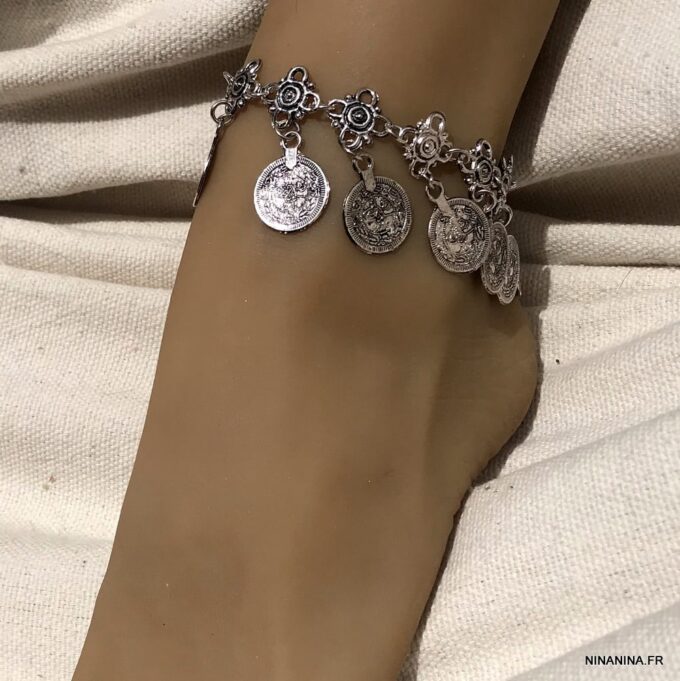 N4053f Chaine cheville Inde tribal métal argenté pour femme - Bijoux de pieds en ligne Ninanina