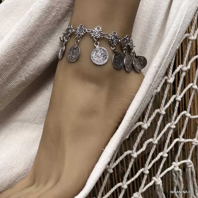 N4053g Chaine cheville Inde tribal métal argenté pour femme - Bijoux de pieds en ligne Ninanina