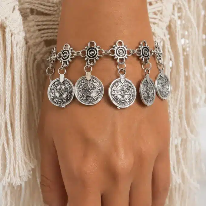 N4056a Bracelet tribal femme piecettes métal argenté - Bijoux bracelets femmes en ligne Ninanina