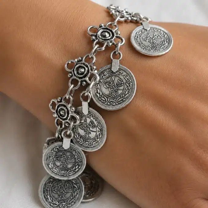 N4056b Bracelet tribal femme piecettes métal argenté - Bijoux bracelets femmes en ligne Ninanina