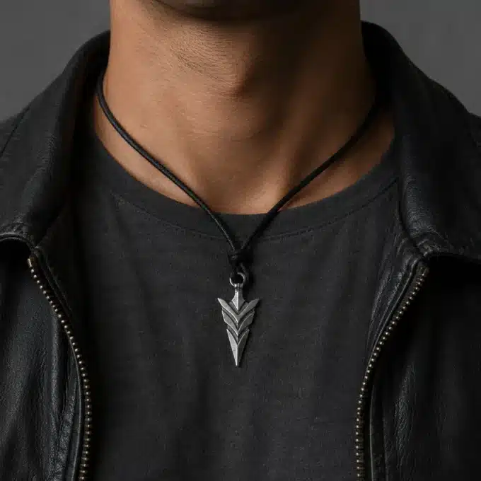 N4064b Collier homme tribal pendentif flèche argentée cordon cuir - Bijoux colliers hommes en ligne Ninanina