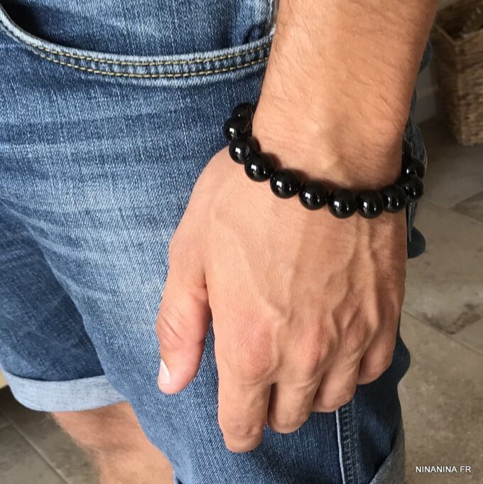 N4066c Bracelet perle noire homme Agate Acier inoxydable - Bijoux Bracelets en ligne Ninanina