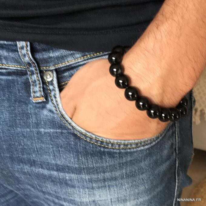 N4066f Bracelet perle noire homme Agate Acier inoxydable - Bijoux Bracelets en ligne Ninanina