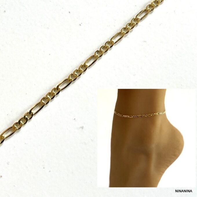 N4077c Chaine de cheville Laiton Plaqué Or maille figaro - Bijoux de pieds en ligne Ninanina