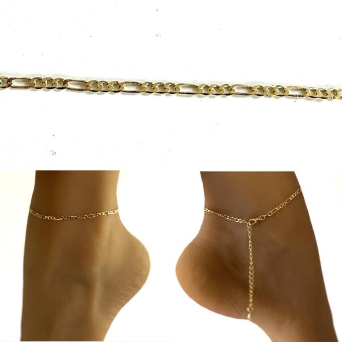 N4077f Chaine de cheville Laiton Plaqué Or maille figaro - Bijoux de pieds en ligne Ninanina