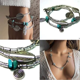 Composition de 4 photos dont 2 qui montrent le Bracelet fantaisie artisanal avec feuilles gravées, plumes en argent et pierres turquoises porté en collier et en bracelet et les deux autres montrent le détail précis des perles et des pierres qui composent le bracelet