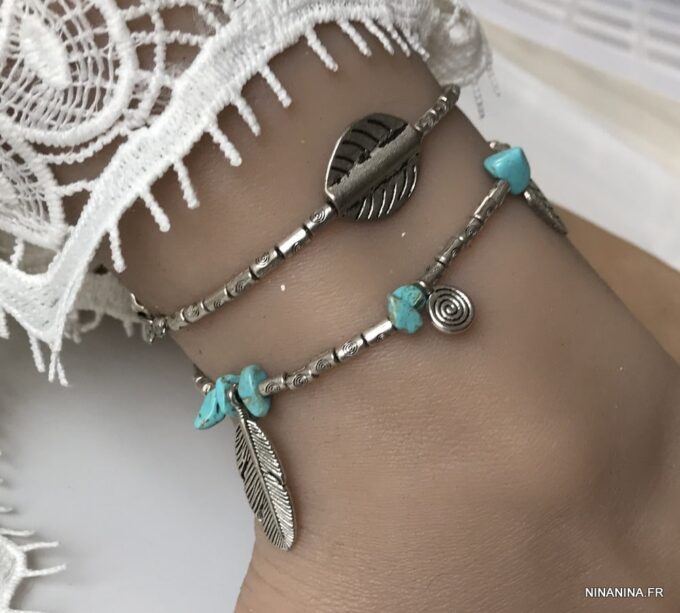 N4086 Chaine de cheville Inde en métal argenté pierres turquoises - Bijoux de pied en ligne Ninanina