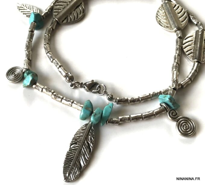 N4086a Chaine de cheville Inde en métal argenté pierres turquoises - Bijoux de pied en ligne Ninanina