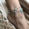 N4086b Chaine de cheville Inde en métal argenté pierres turquoises - Bijoux de pied en ligne Ninanina