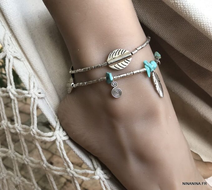 N4086b Chaine de cheville Inde en métal argenté pierres turquoises - Bijoux de pied en ligne Ninanina