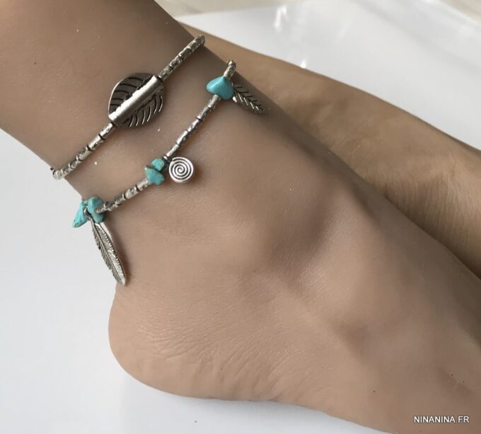 N4086c Chaine de cheville Inde en métal argenté pierres turquoises - Bijoux de pied en ligne Ninanina