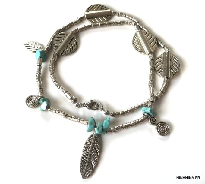 N4086d Chaine de cheville Inde en métal argenté pierres turquoises - Bijoux de pied en ligne Ninanina
