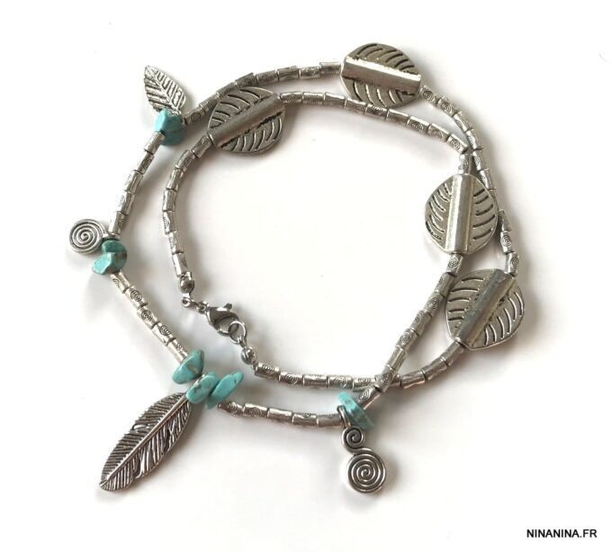 N4086g Chaine de cheville Inde en métal argenté pierres turquoises - Bijoux de pied en ligne Ninanina