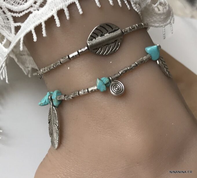 N4086h Chaine de cheville Inde en métal argenté pierres turquoises - Bijoux de pied en ligne Ninanina