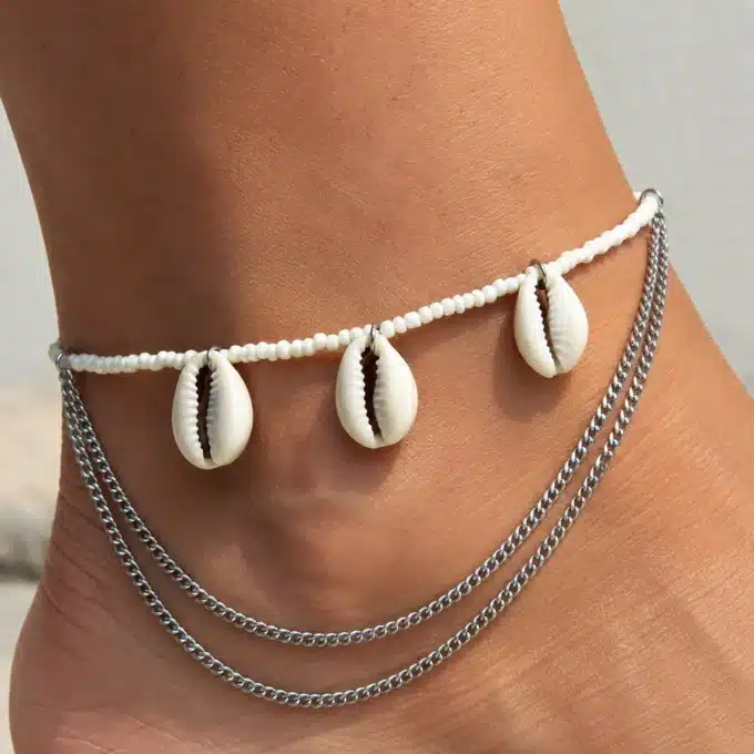 N4138a Bracelet cheville coquillage cauri Acier inoxydable argenté - Bijoux de pieds femmes en ligne Ninanina