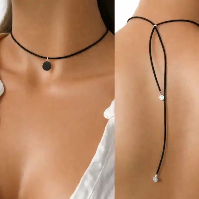 N4139e Collier De Dos Original Cordon Cuir Artisanal - Médaille Ronde Argent 925 massif - Bijoux Colliers femmes en ligne Ninanina