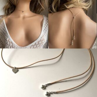 Collier de dos style bohème avec cordon en cuir et breloque cœur en argent porté devant et derrière - Bijou artisanal fait main signé Ninanina