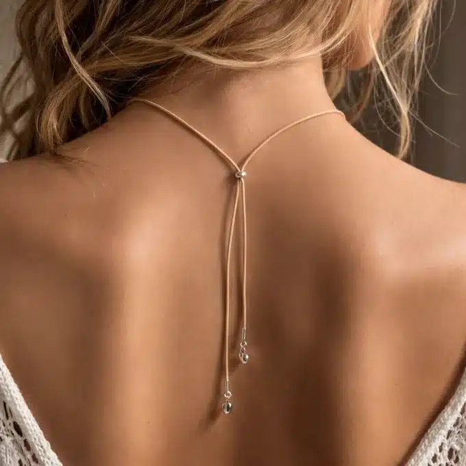 N4140c Collier de dos original fait main - cordon cuir breloque coeur Argent style boheme - Bijoux colliers femmes en ligne Ninanina