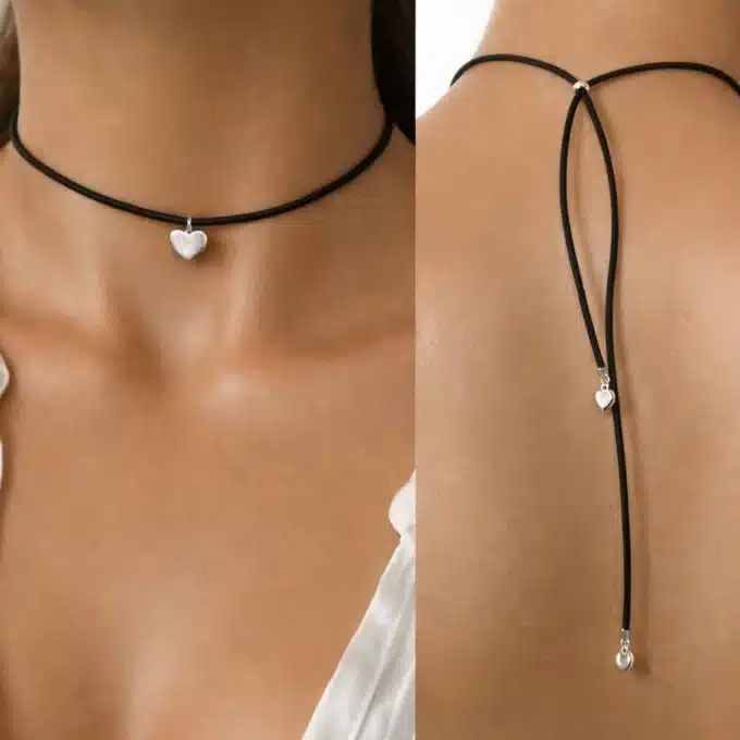 N4140d Collier de dos original fait main - cordon cuir breloque coeur Argent style boheme - Bijoux colliers femmes en ligne Ninanina
