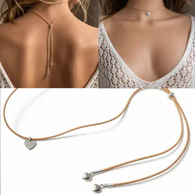 N4140f Collier de dos original fait main - cordon cuir breloque coeur Argent style boheme - Bijoux colliers femmes en ligne Ninanina