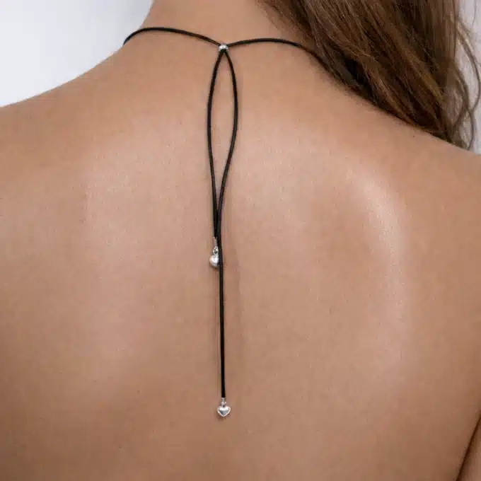 N4140H Collier de dos original fait main - cordon cuir breloque coeur Argent style boheme - Bijoux colliers femmes en ligne Ninanina