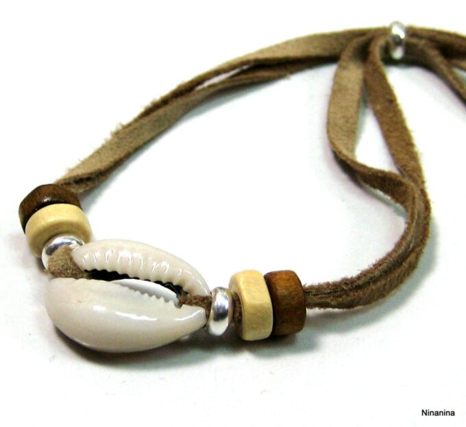N4148d bracelet cordon daim et coquillage grain de café