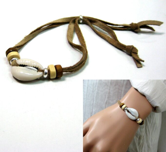 N4148e bracelet cordon daim et coquillage grain de café