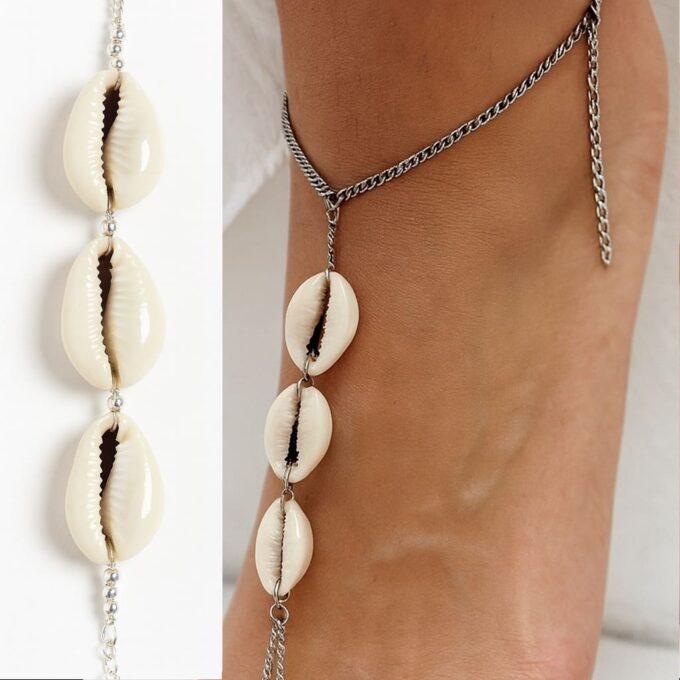 N4150b Chaine de Pied Femme en Acier Inoxydable et Coquillages Cauris Blancs – Bijou Artisanal Fait Main en France - Bijoux de pieds en ligne Ninanina