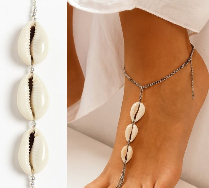 N4150c Chaine de Pied Femme en Acier Inoxydable et Coquillages Cauris Blancs – Bijou Artisanal Fait Main en France - Bijoux de pieds en ligne Ninanina