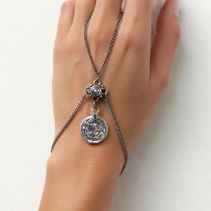 N4159 Bijou de main ethnique - bracelet bague piece acier chirugical - Bijoux de mains femmes en ligne Ninanina