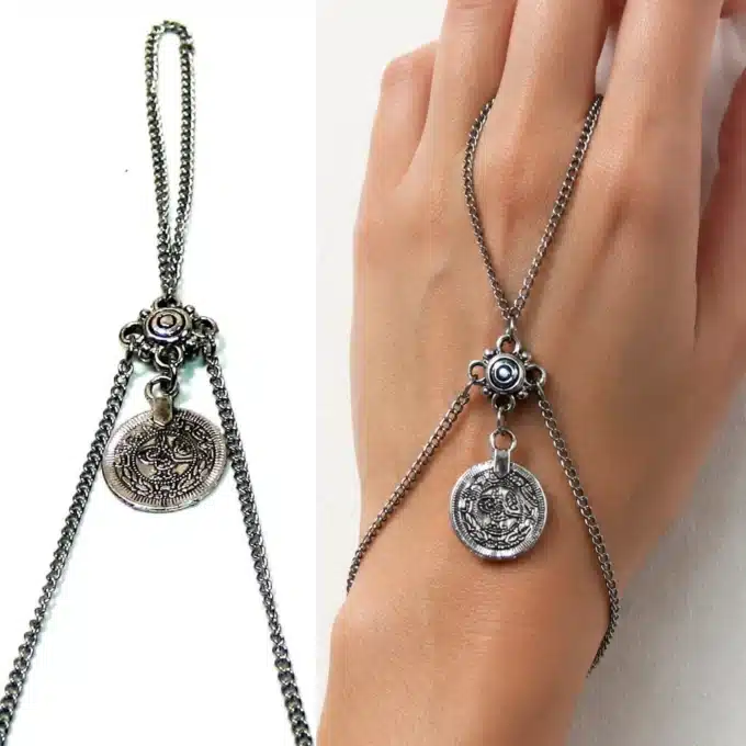 N4159b Bijou de main ethnique - bracelet bague piece acier chirugical - Bijoux de mains femmes en ligne Ninanina